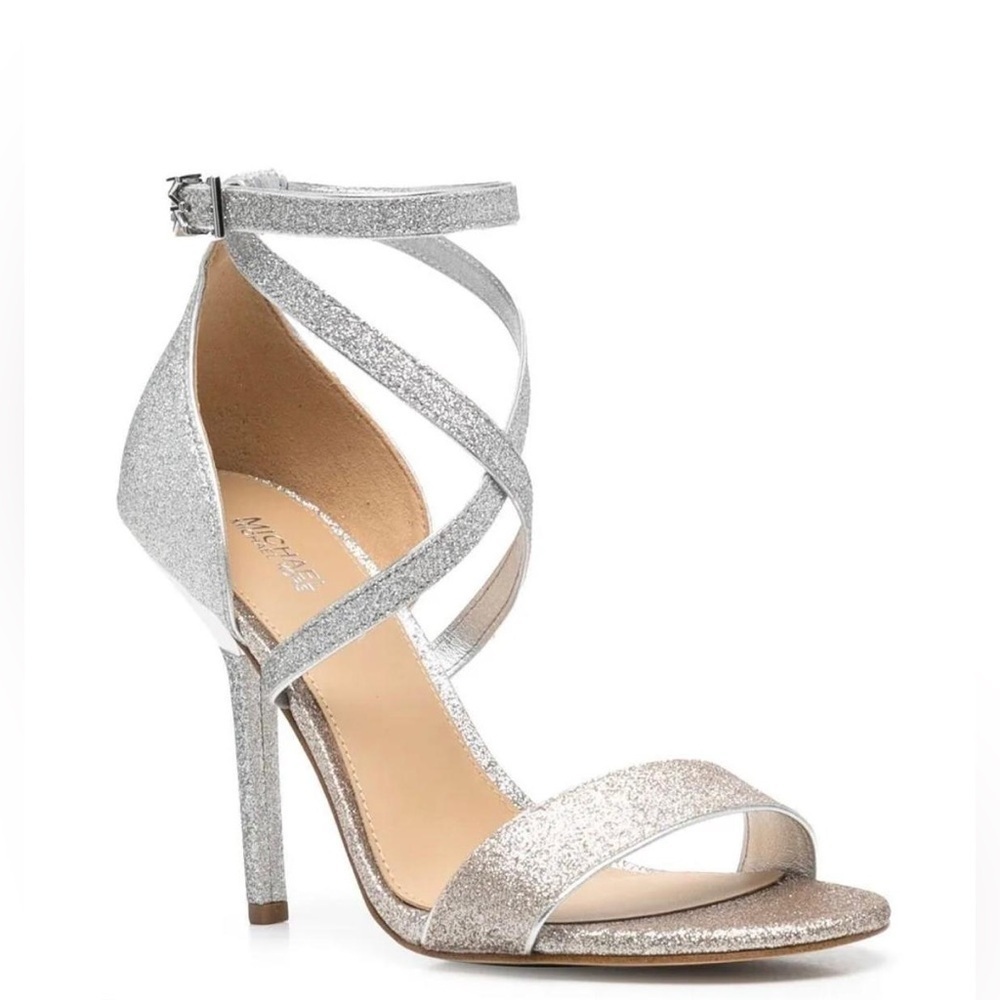 Michael Kors Astrid Strappy High Heel Sandal in Silver and Gold Glitter - NWT